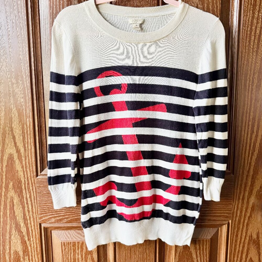 JCrew 3/4 Sleeve Sweater Navy Stripes Anchor Print Size Medium